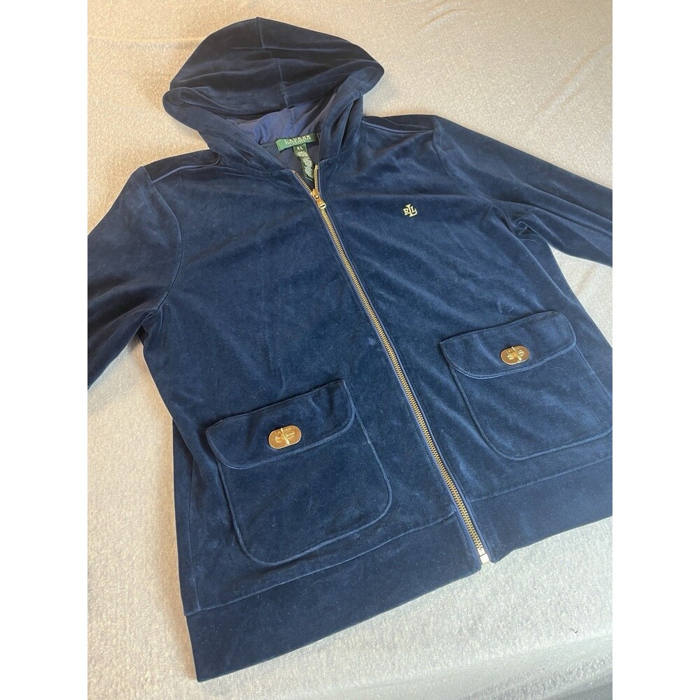 Lauren Ralph Lauren Women’s Blue Velour Gold Zip Jacket PL Timeless Old Money